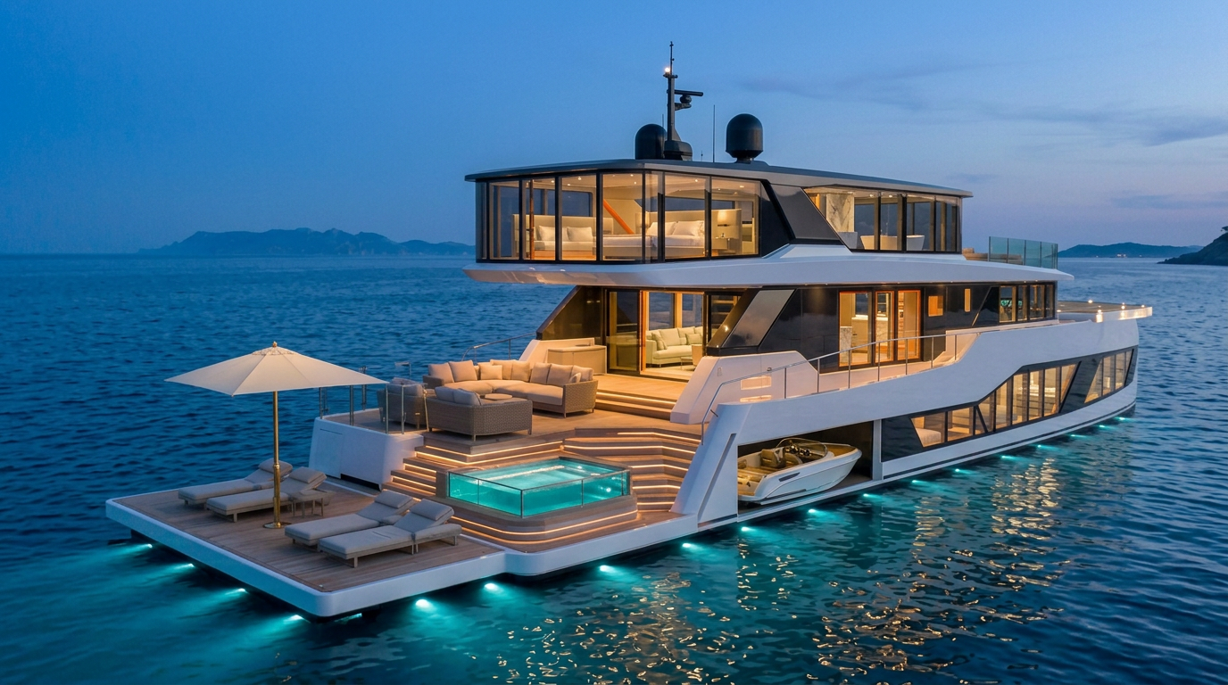 Emperial Mare concept showing the aft terraces, pool and upper residence
