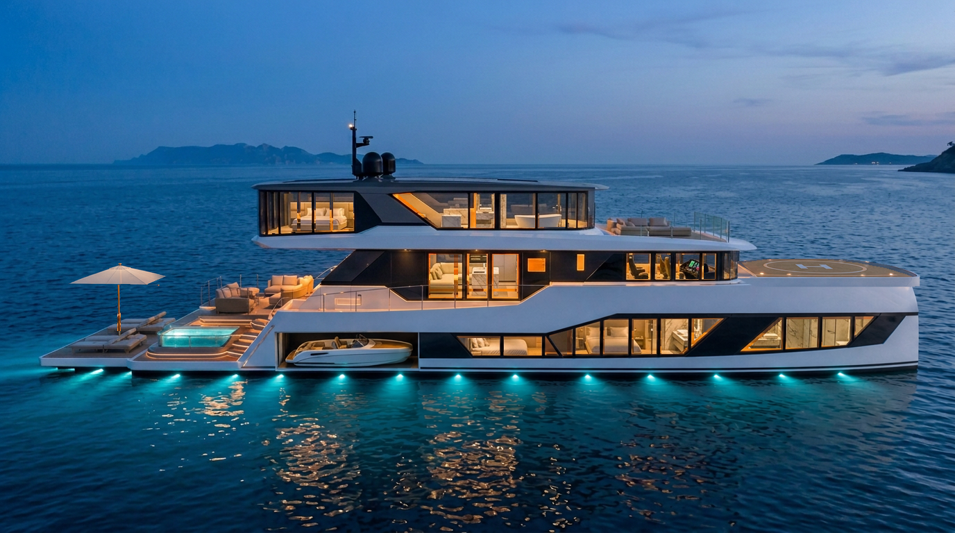 IDR Emperial Mare yacht concept with illuminated decks and a forward helipad at sea
